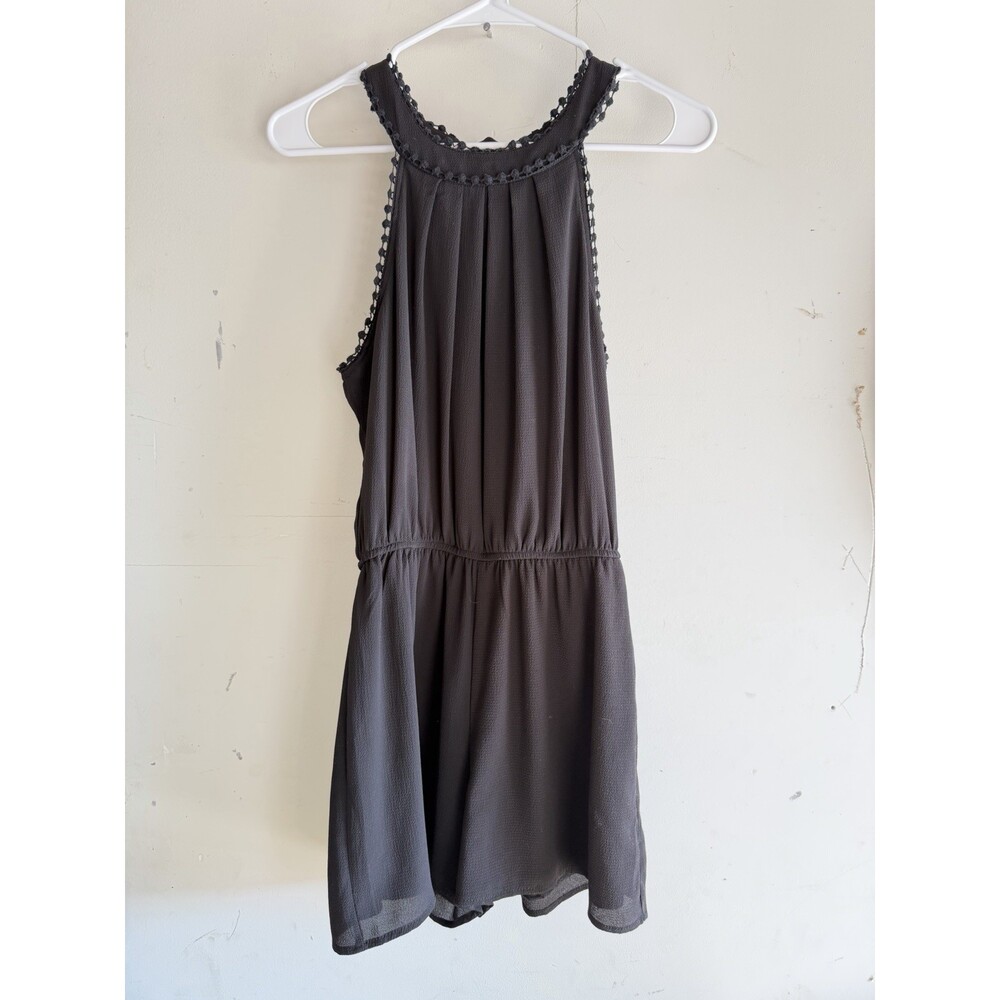 BLUE RAIN Solid Black Crochet Trim Tie Neck Halter ROMPER JR SZ S